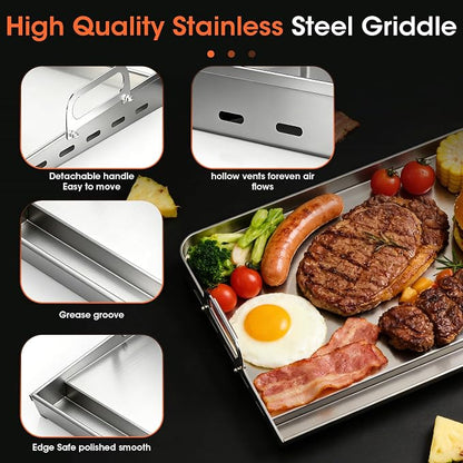 EUTRKei 17"x13" Stainless Steel Griddle for Gas Grill, Plancha Para Cocinar | Reinforced Flat Top with Grease Groove, Effortless Cleanup for Backyard BBQ, Tailgating, Camping & Family Parties