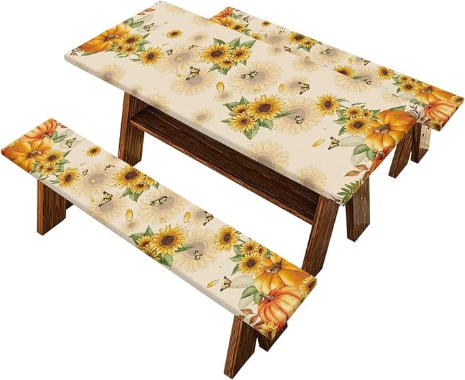 Thanksgiving Elastic Fitted Table Cloth for Outdoor Camping Pumpkin Sunflower Butterfly Camping Table Cloth for Picnic Table 3 PCS Set