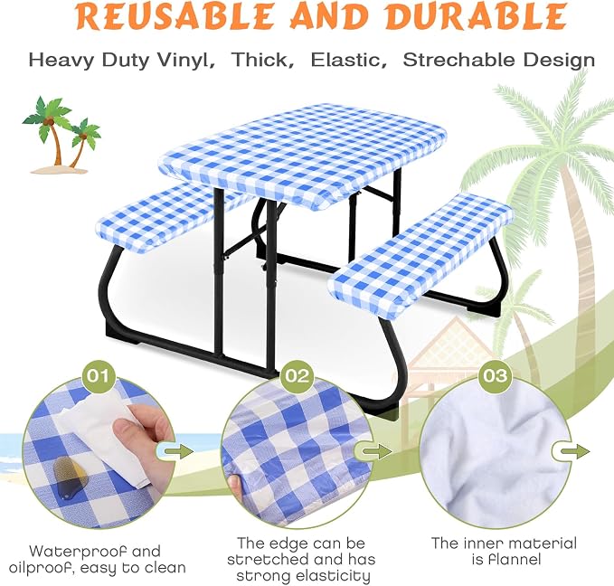 Moukeren 3 Pieces Picnic Table Cover for Kids with Bench Covers Fitted Tablecloth for Outdoors Vinyl Waterproof Cloth for Camping Home Goods Indoor Outdoor Patio BBQ(Blue, White)