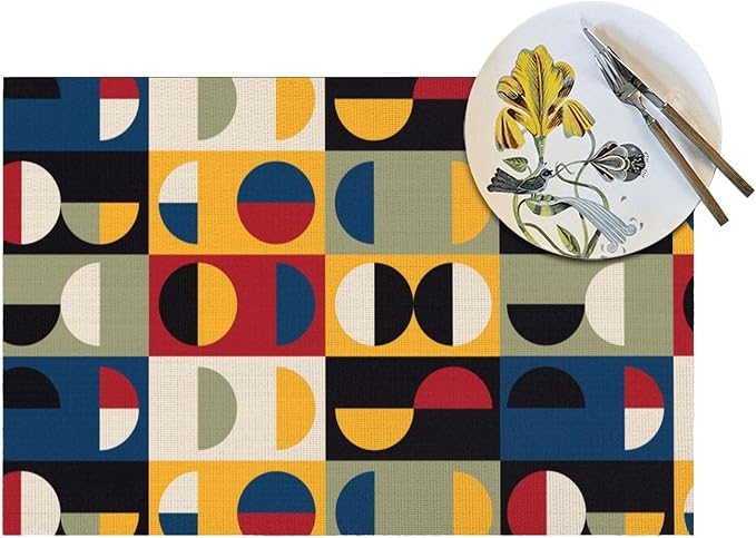 Retro Mid Century Modern Placemats Set of 4 Linen 12x18 Inch | Washable Non-Slip Heat-Resistant Decorative Kitchen Table Mats for Dining Outdoor Home Decor