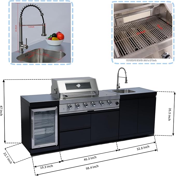 98-Inch 4-Burner Propane Gas Outdoor Kitchen Grill Island - 72000 BTU Stainless Steel BBQ, Refrigerator, Rotisserie, Stainless Countertops, Patio, Lawn, Backyard, Black