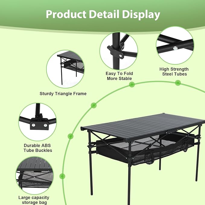 Nice C Portable Aluminum Roll-Up Top Folding Camping Table (Black) | Lightweight Collapsible Table, Mesh Net, Cup Holder, Steel Frame, Carry Bag, Outdoor, Indoor, Sports, Picnic, BBQ