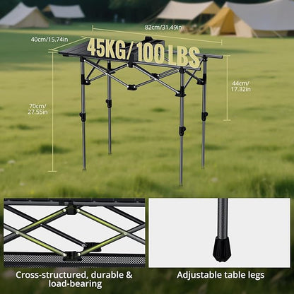 Anbte 3ft Aluminum Roll Top Camping Table Max 27.5", 2 Adjustable Height Folding Camping Table Waterproof with Storage Net and Bag for BBQ Picnic Tailgating Backyard RV Travel, 32.2” x 16”, Pure Black