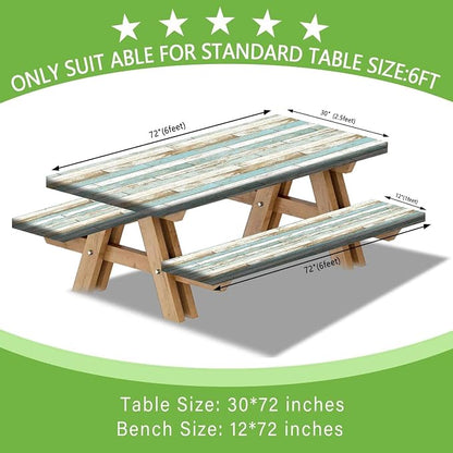 JAWO Teal Rustic Wooden Picnic Table Cover with Bench Covers, Modern Camping RV Essentials Gear Supplies Outdoor Waterproof Windproof Tablecloth with Elastic, 30X96in
