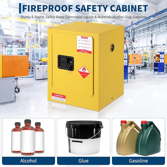 Hazardous Storage Flammable Cabinets, Fire Resistant Safety Cabinet for Flammable Liquids | Cold-Rolled Steel Construction w/Spill Containment Tray, Ventilation Holes & Grounding | Adjustable Shelf