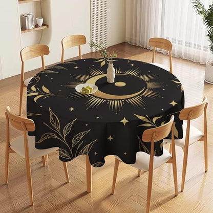 Sun Moon Round Tablecloth Vintage Boho Astrology Gold Celestial Star Crescent Galaxy Space Table Cloth Water Resistant Wipeable Table Cover for Picnic Party Kitchen Dinner Table 36"