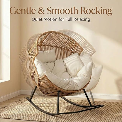 Oversized Outdoor Rocking Chair Set of 2, Wicker Egg Patio Lounge Chair Basket Seat with Thick Cushion, All Weather Indoor Outdoor Porch Rockers for Balcony, Living Room, Lawn Garden