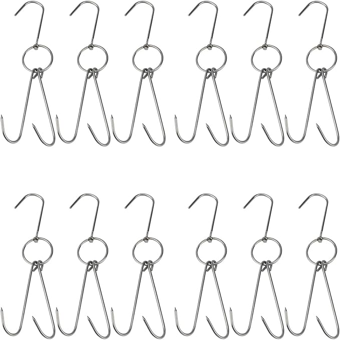 TIHOOD 9.4" Stainless Steel Double Meat Hooks Roast Duck Bacon Shop Hook BBQ Grill Hanger Cooking Tools Accessories (12 Packs) (12 Packs)
