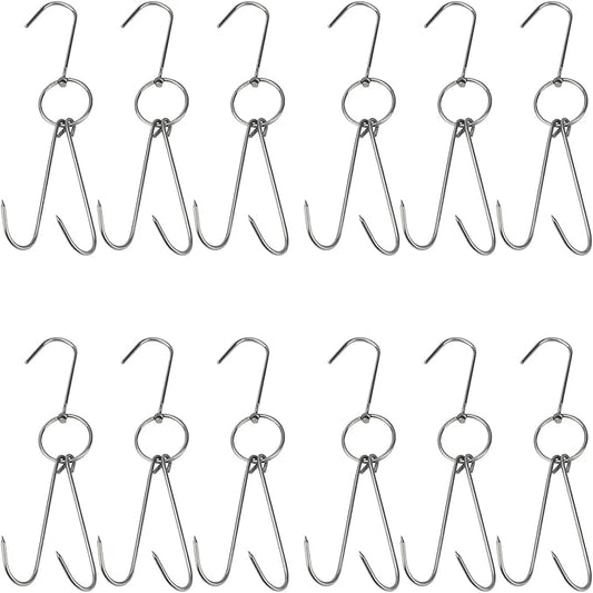 TIHOOD 9.4" Stainless Steel Double Meat Hooks Roast Duck Bacon Shop Hook BBQ Grill Hanger Cooking Tools Accessories (12 Packs) (12 Packs)