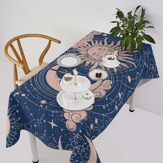 Moon Sun Tablecloth Vintage Boho Celestial Star Magical Galaxy Space Table Cloth Water Resistant Wipeable Table Cover for Farmhouse Picnic Party Holiday Kitchen Dinner Table 60"x90"