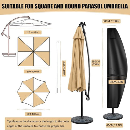 Patio Umbrella Covers for 11ft to 13ft Offset Umbrella, 600D Waterproof Outdoor Umbrella Cover, Cantilevered Offset Umbrella Cover All-Weather Protection with Sturdy Waterproof Zipper and Top Vent