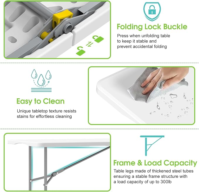Folding Table Picnic Table Set with 2 Benches, 6 ft Camping Table Chair Set | Foldable Furniture with Handle and Safety Locks, Heavy Duty HDPE, Outdoor Indoor Use, Party, Camping, Picnic, Weddings, White
