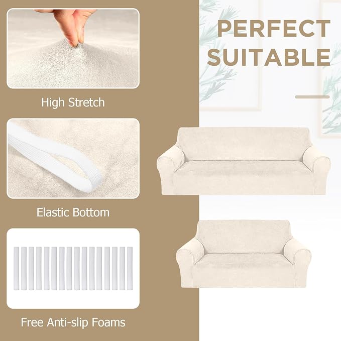 Peryiter 2 Pcs Couch and Loveseat Sofa Covers,Beige,Velvet | Armchair Covers for Living Room, Sofa Cushion Slipcover 2/3 Seater, Furniture Protector, Polyester and Spandex, Washable