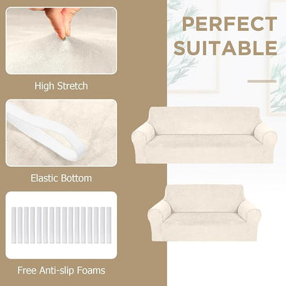 Peryiter 2 Pcs Couch and Loveseat Sofa Covers,Beige,Velvet | Armchair Covers for Living Room, Sofa Cushion Slipcover 2/3 Seater, Furniture Protector, Polyester and Spandex, Washable