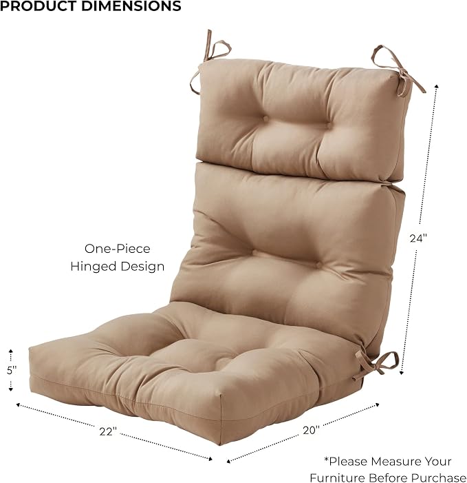 Outdoor Tufted High-Back Chair Cushions, One-Piece Hinged Seat and Back Design, Reversible with 4 Ties, Durable Polyester Fabric, Recycled Fiber Fill - Single, Coronado