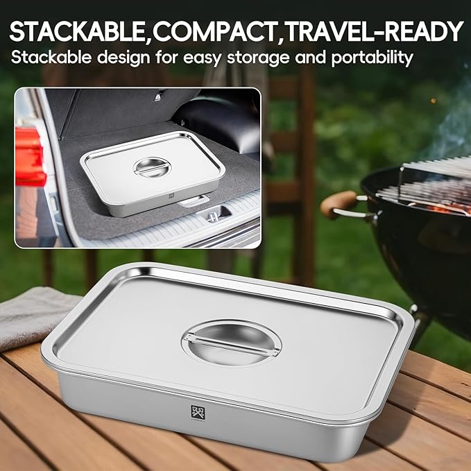 GOLDEN KEY Grilling Prep and Serve Tays,Stainless Steel Grill Carry System,Heat Resistant & Stackable,Grill Prep Trays Set of 5,Marinade Container with Lid and Cutting Board,Grilling Gifts for Men