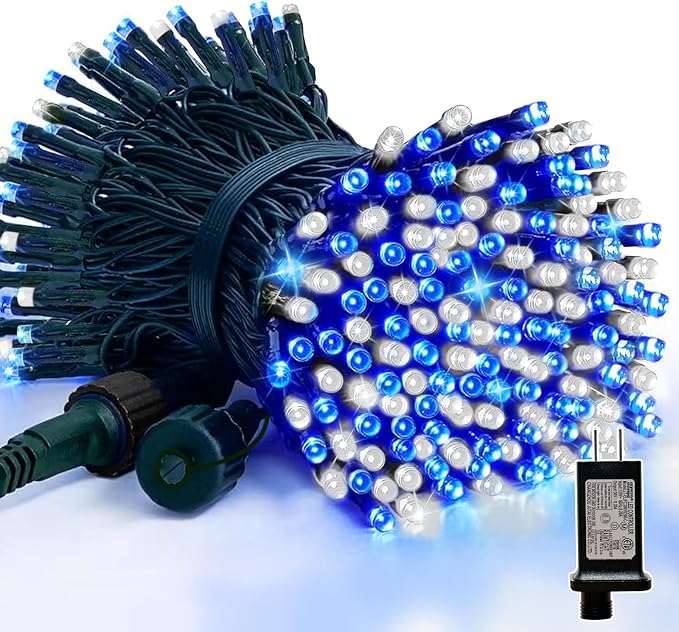 66FT 200 LED Blue White String Lights, 16 Modes Plug In Mini Fairy Lights, Waterproof Outdoor Christmas Lights for Hanukkah Xmas Tree Garland Bedroom Ocean Party July 4th Patriotic Decoration