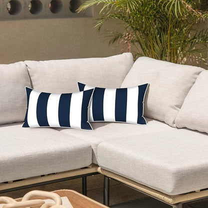 LVTXIII 2 Pack Outdoor Lumbar Pillow Covers 12x20 Inch with Piping, Water-Repellent Back Cushion Covers ONLY for Patio Furniture, Sofa, Garden Bench, Cabana Navy