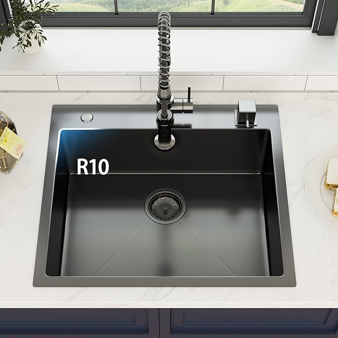 25 Inch Gunmetal Black Drop In Kitchen Sink 25 x 22 Kitchen Sink 18 Gauge Stainless Steel Single Bowl Topmount Sink with Nano Coating, 25x22x8