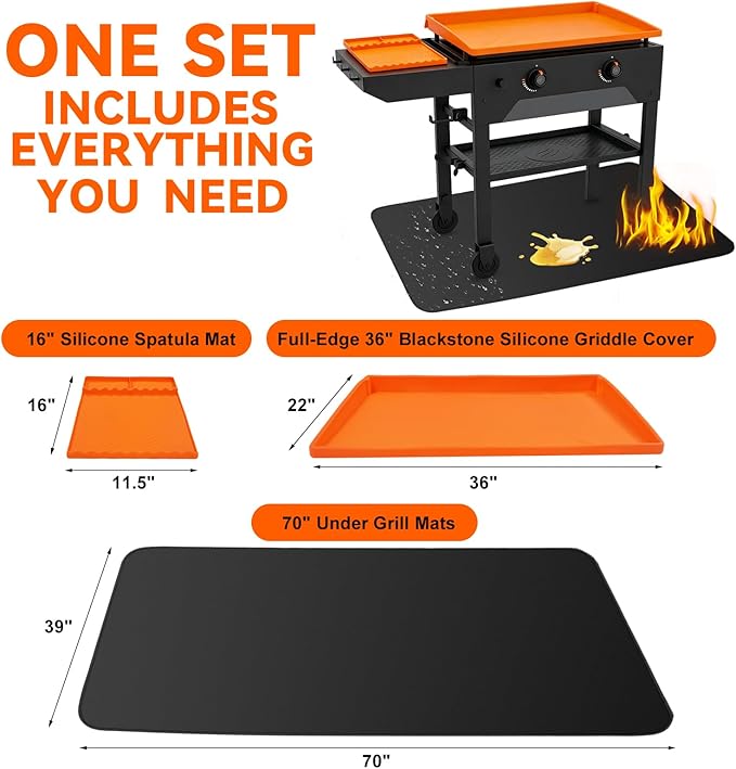 Silicone Grill Mat Set for Blackstone 36" Griddle – 36" Edge-to-Edge Griddle Mat, 16" Tool Mat & 70" Floor Mat, Heat Resistant, Waterproof, Helps Protect Griddle from Rust & Bugs, Keeps Decks Clean