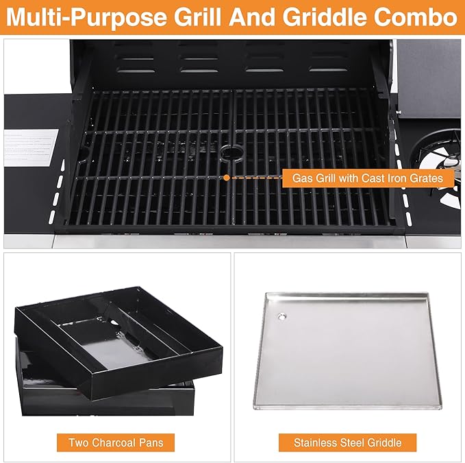 Dual Fuel 4-Burner Gas Grill with Side Burner & Charcoal Trays, 4-in-1 Outdoor BBQ & Griddle Combo, Cast Iron Grates + Flat Top, 448 sq in Large Portable for Backyard Camping