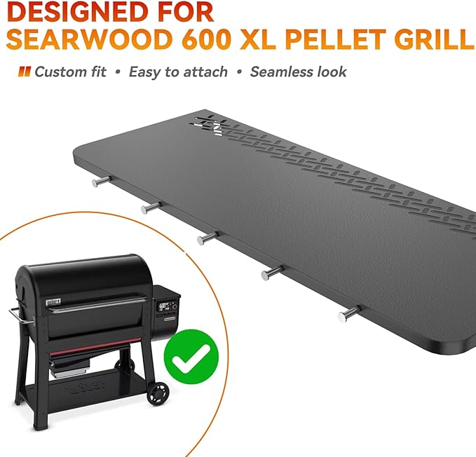 36" Front Folding Table for Weber Searwood 600 XL Pellet Grill with 5 Tool Hooks, Grill BBQ Prep Table Accessory, 425+ Sq In Workspace, 40 lb Load Capacity, Locking Fold-Down Design