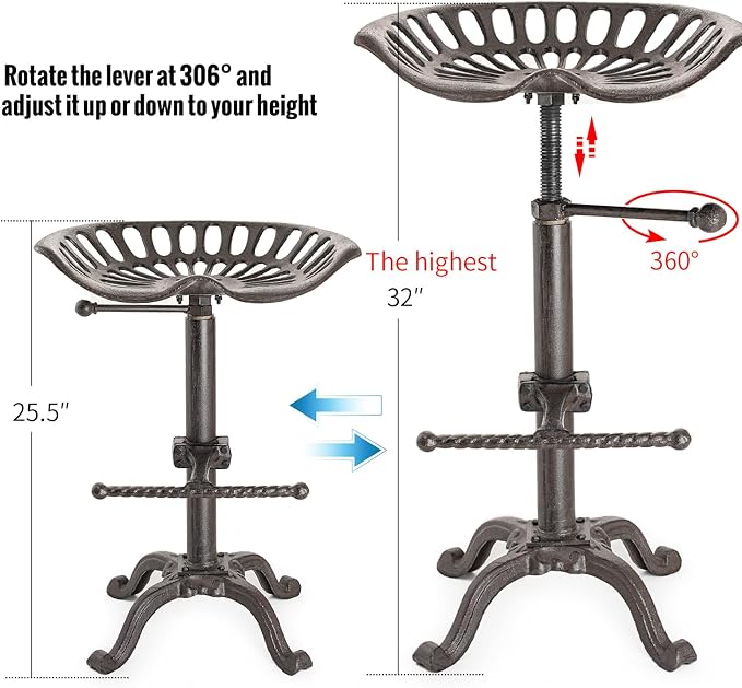 Sungmor 26-32 Inch Adjustable Cast Iron Swivel Bar Stool - Antique Brown | Vintage Industrial Barstool with Ergonomic Seat & Footrest for Home Bar Bistro Counter Height Dining Decor Accent