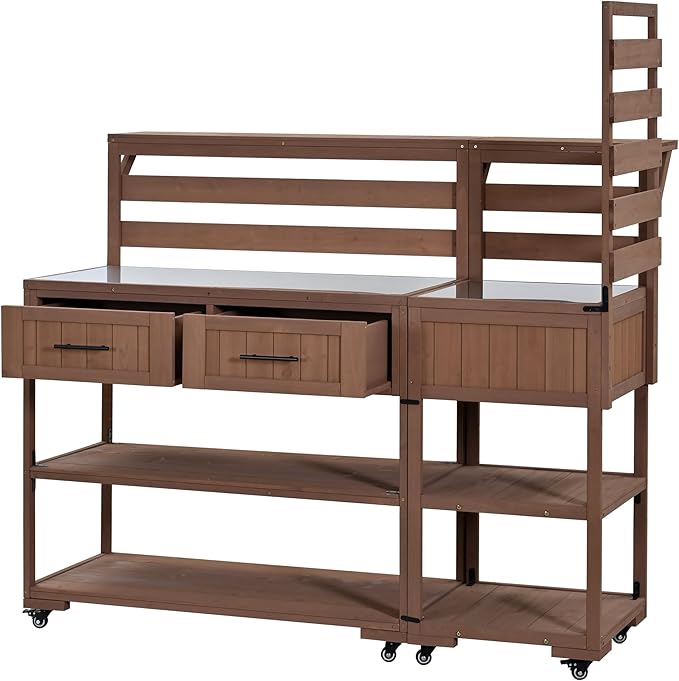 GDFStudio Elshire Patio Kitchen Island Cart with Storage, Wooden Outdoor Storage Cabinet with Stainless Steel BBQ Prep Table Top, Drawers, Raised Shelf and Lockable Wheels, Garden Potting Bench, Brown