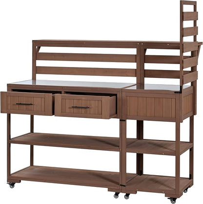 GDFStudio Elshire Patio Kitchen Island Cart with Storage, Wooden Outdoor Storage Cabinet with Stainless Steel BBQ Prep Table Top, Drawers, Raised Shelf and Lockable Wheels, Garden Potting Bench, Brown