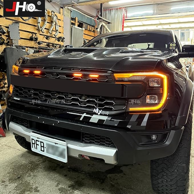 JHO Front Grille LED Lights (Amber, 4-Pack) with Clear Brackets & Wiring Harness, Compatible with Ford Ranger Raptor T9 2023-2026