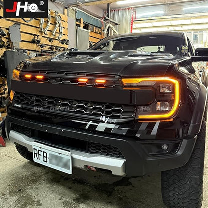 JHO Front Grille LED Lights (Amber, 4-Pack) with Clear Brackets & Wiring Harness, Compatible with Ford Ranger Raptor T9 2023-2026