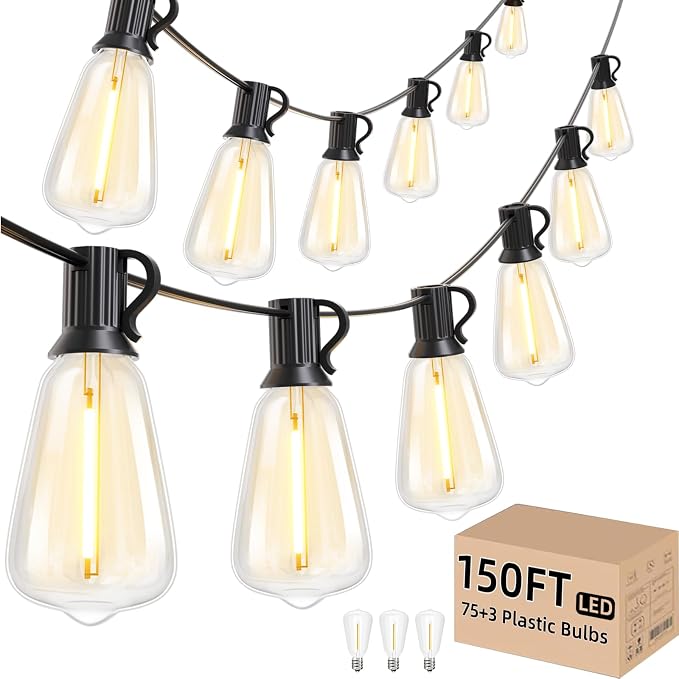 Svater Outdoor String Lights 150 FT Outside Patio Light 78 Bulbs Waterproof | Connectable Hanging Lighting For Bistro Cafe Market Backyard, Shatterproof Dimmable Edison LED Bulb, Warm White 2700K