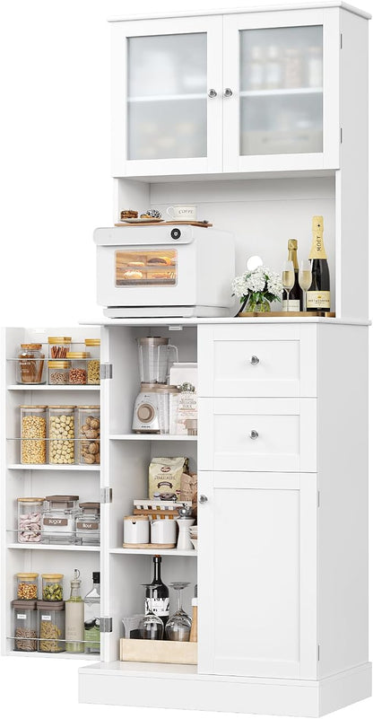 BOTLOG 72" Tall Kitchen Pantry Storage Cabinet with 4-Tier Door Shelves | Kitchen Hutch Cabinet with 2 Drawers, Frosted Glass Door for Dining Room, Modern White, Space-saving, apartment, small room