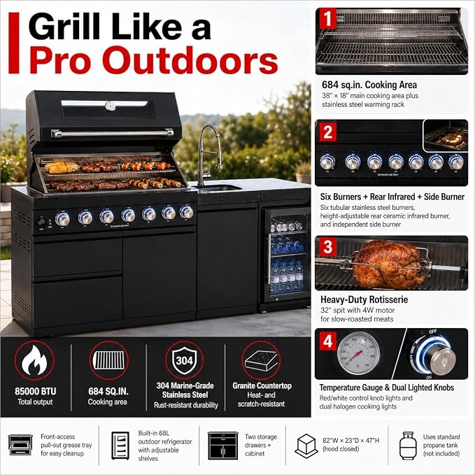 82-Inch Outdoor Kitchen Island, 6-Burner 85,000 BTU Modular Propane Gas Stainless Steel BBQ Grill with Refrigerator, Rotisserie Kit, Stainless Steel Countertop, Storage Cabinets & Drawers, Black