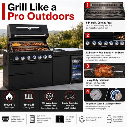 82-Inch Outdoor Kitchen Island, 6-Burner 85,000 BTU Modular Propane Gas Stainless Steel BBQ Grill with Refrigerator, Rotisserie Kit, Stainless Steel Countertop, Storage Cabinets & Drawers, Black