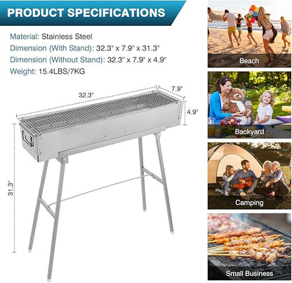 IRONWALLS Portable Charcoal Grills, 32" x 8" Stainless Steel Folded Camping Grill Kebab Skewer Barbecue Grill Kit for Garden Backyard Party Picnic Travel Home Outdoor Cooking Use