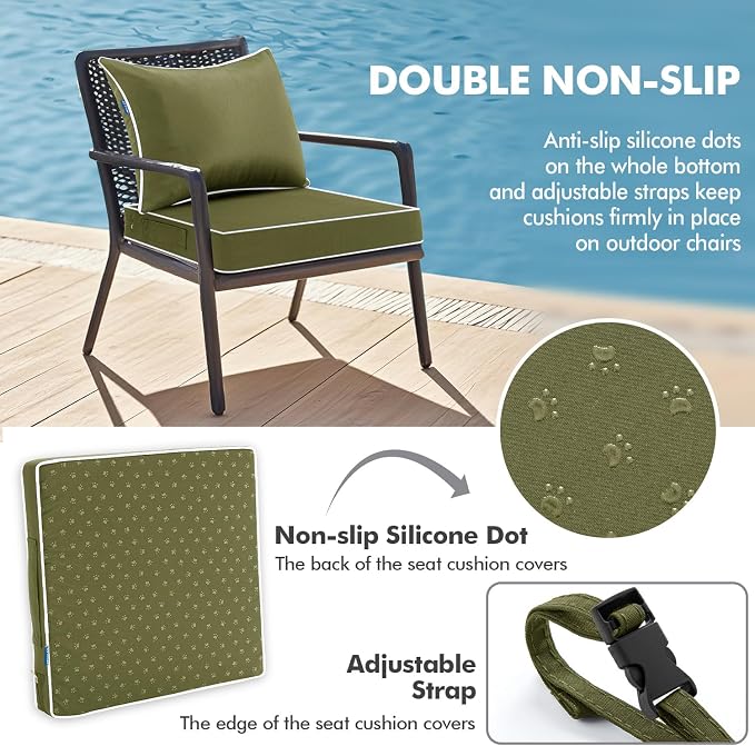 MIULEE Dark Green Outdoor Seat Cushion 24x24 Inch Waterproof Cushion | Deep Seat and Back Cushion for Patio Furniture Chair Sofa Couch, Fade Resistant, Handle and Adjustable Straps