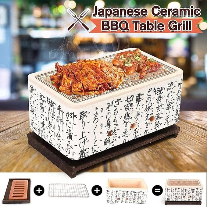 Portable Japanese Ceramic Charcoal Grill, Non-Stick Square Barbecue for Camping, Picnics, Garden & Terrace - Ideal Outdoor Cooking Solution