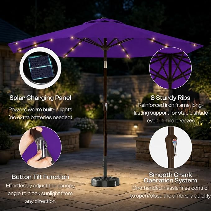 10FT Solar Lighted Patio Umbrella, Outdoor Table Market Umbrellas with Push Button Tilt and Crank, 32 LED Lights, 8 Sturdy Ribs, UV-Resistant for Deck, Garden, Pool