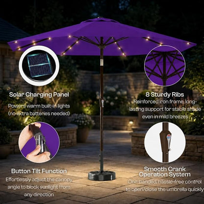 10FT Solar Lighted Patio Umbrella, Outdoor Table Market Umbrellas with Push Button Tilt and Crank, 32 LED Lights, 8 Sturdy Ribs, UV-Resistant for Deck, Garden, Pool