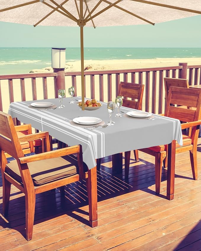 QueenKer Outdoor Tablecloth with Umbrella Hole, Farmhouse Gray White Stripe Rectangle Tables Waterproof Tabletop Collection for Patio, Garden, Picnic, Camping, Dining 52 x 70 inch