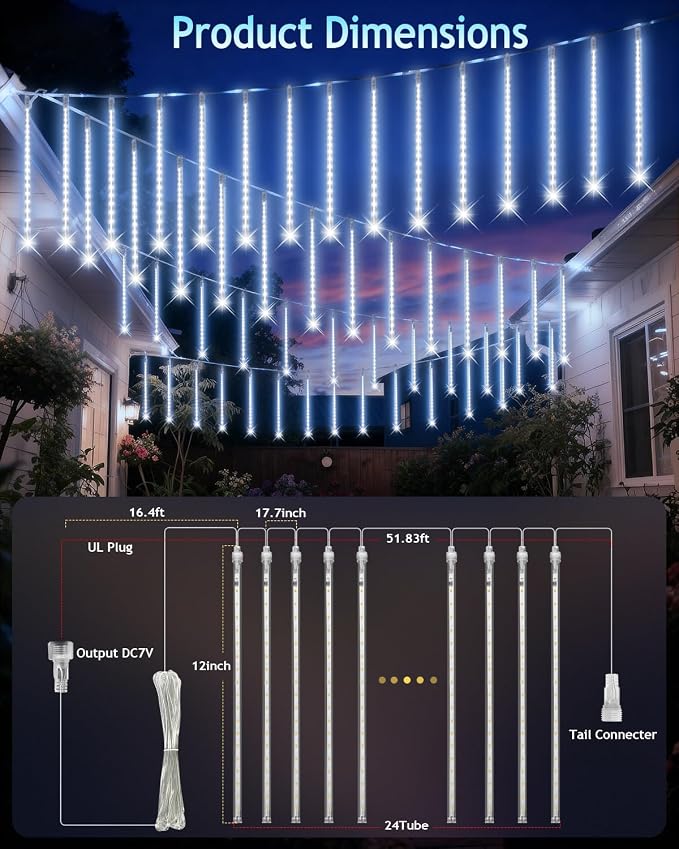 PEMOTech Christmas Lights Outdoor,24 Tubes(Equivalent to 3 Sets of 8-Tubes) 576 Led Meteor Shower Lights, Waterproof Icicle Light for Xmas Tree Halloween Party, Ul Plug,Cool White