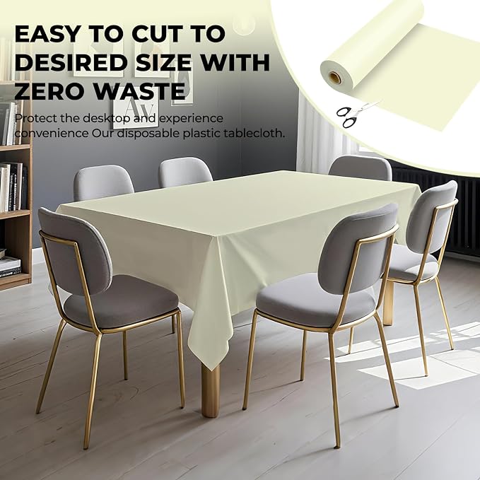 54 Inch X 100 Feet Plastic Table Cover Roll Premium Disposable Plastic Tablecloth for All Type/Shape Tables | Picnic, Party, Banquet, Birthdays, Weddings (Beige, 54 Inch X 100 Feet)