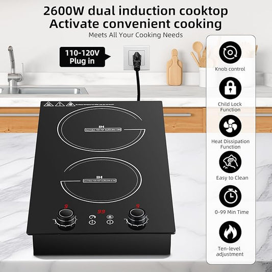 Double Induction Cooktop,110V 2600W 2 burner induction cooktop with hot plat with LED Touch Screen 10 Levels,Child Safety Lock & Timer 110V countertop burners