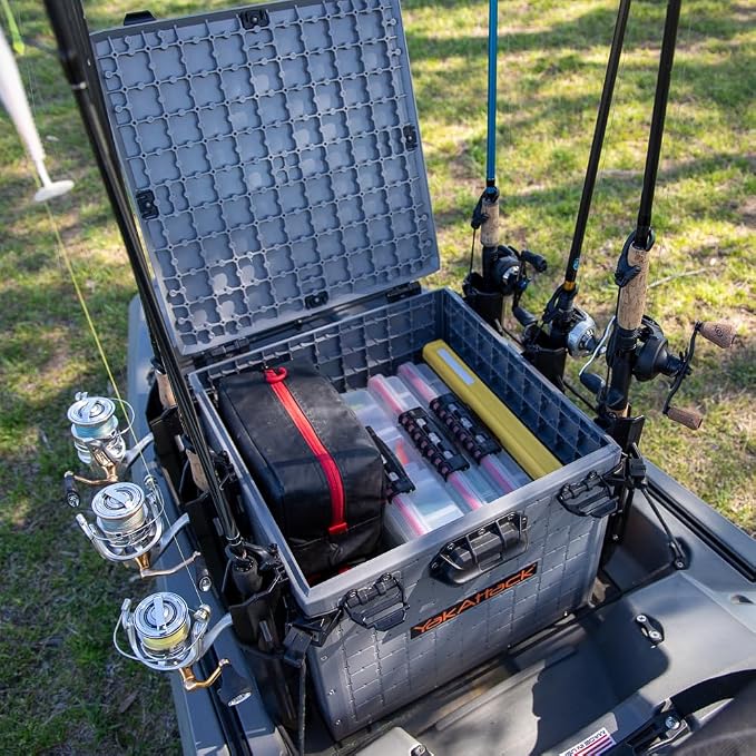 YakAttack BlackPak Pro 16" x 16" Kayak Fishing Crate with 6 Rod Holders - Battleship Grey | Tackle Storage Box & Fishing Gear Organizer | Lightweight, Durable & Customizable Kayak Fishing Accessory