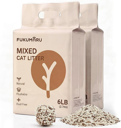 FUKUMARU Tofu Cat Litter, 12 LBS Clumping Cat Litter, Dust Free, Natural, Unscented, Flushable, Lightweight, Low Tracking, Mixed Apple Wood, 24/7 Odor Control, 6 lb x 2 Bags