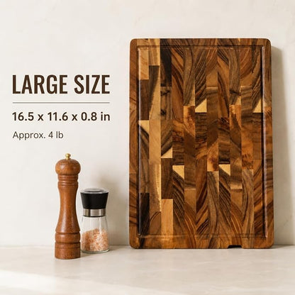 Walnut Cutting Board for Kitchen, Checkered End Grain Wood Cutting Board, Butcher Block with Juice Groove, Handle & Non-Slip Feet, Large Charcuterie Board for Meat, BBQ & Serving