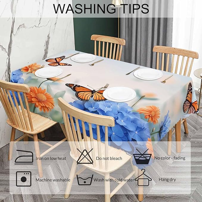 Decorative Rectangle Tablecloth 52"X70" Butterflies, Floral Daisies Butterfly Wrinkle Free Table Cover Picnic Table Cloths for Parties Weddings Kitchen Tablecloth, Blue