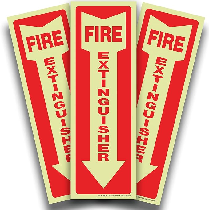 iSYFIX Fire Extinguisher Glow in the Dark Sticker Sign – 3 Pack 4x12 Inch – Premium Self-Adhesive Vinyl, Laminated for Ultimate UV, Weather, Scratch, Water and Fade Resistance, Indoor and Outdoor