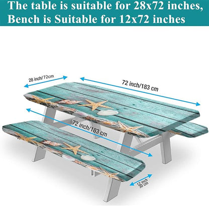 Wood Grain Picnic Table and Bench Fitted Tablecloth Cover, Ocean Mesh Starfish with Shells Print Elastic Edged Rectangluar Table Cover, 28x72 Inch, Great for Picnic Party Outdoor Patio Use, Teal Blue